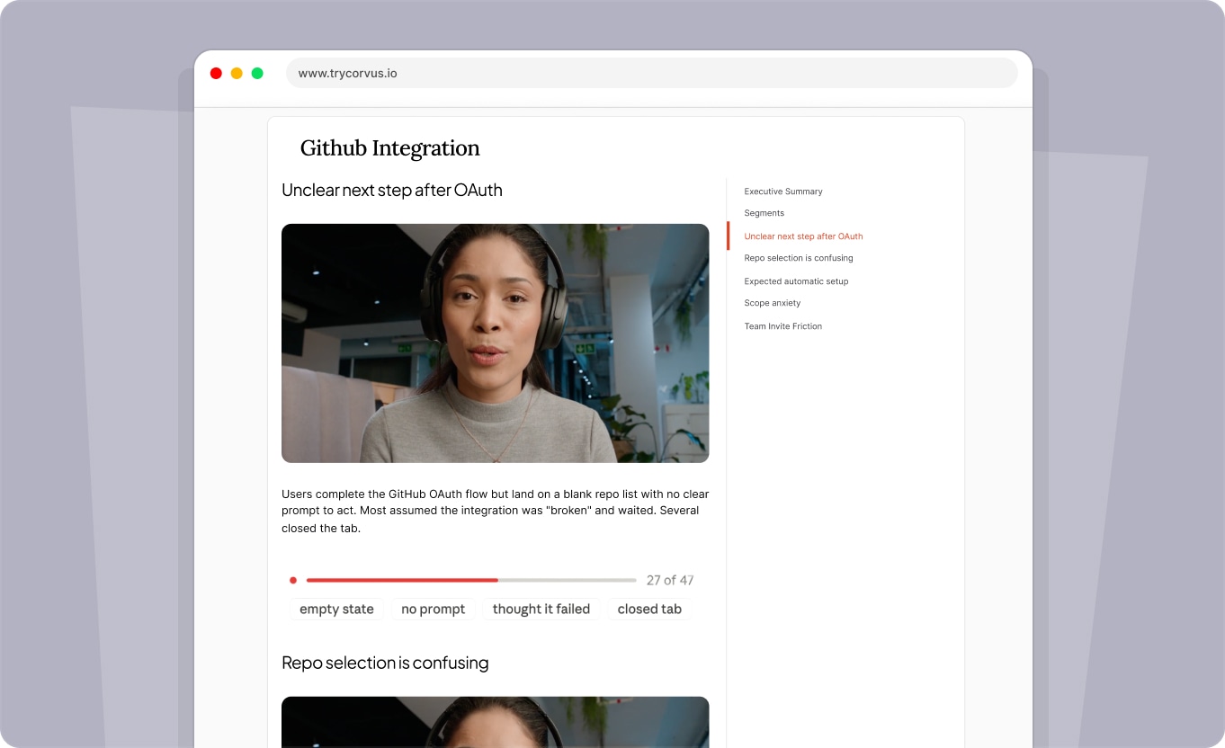 Product screen with generated results and insights