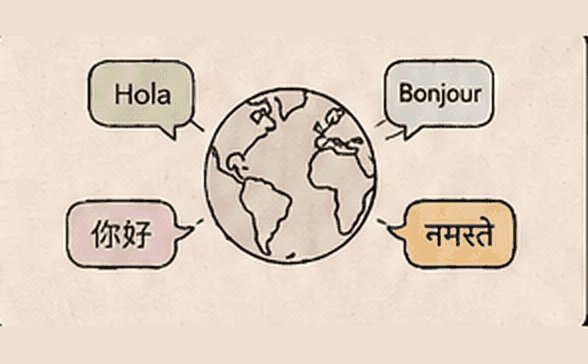 Greetings in several languages around a globe