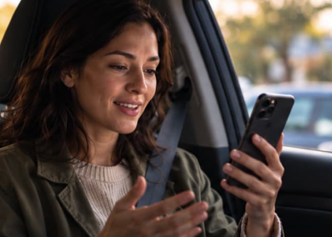 A woman in a parked car talking through a purchase on her phone.
